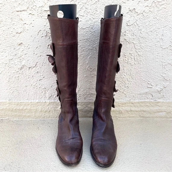 Valentino Garavani brown leather floral appliqué knee-high boots size IT 38 US 8
